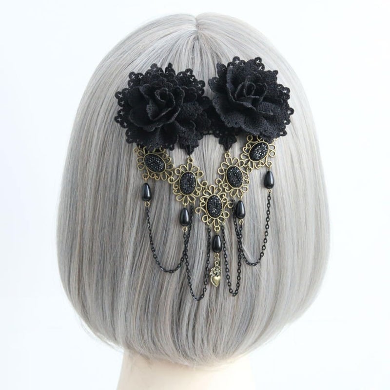 TanQiang Gothic Vintage Black Lace Rose Flower Hair Clip With Pearl Chain Tassels Hair Barrettes for Women Princess Headwear - Image 3